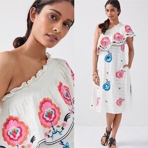Plenty by Tracy Reese Floral Embroidered One-Shoulder Midi Dress White Pink Blue